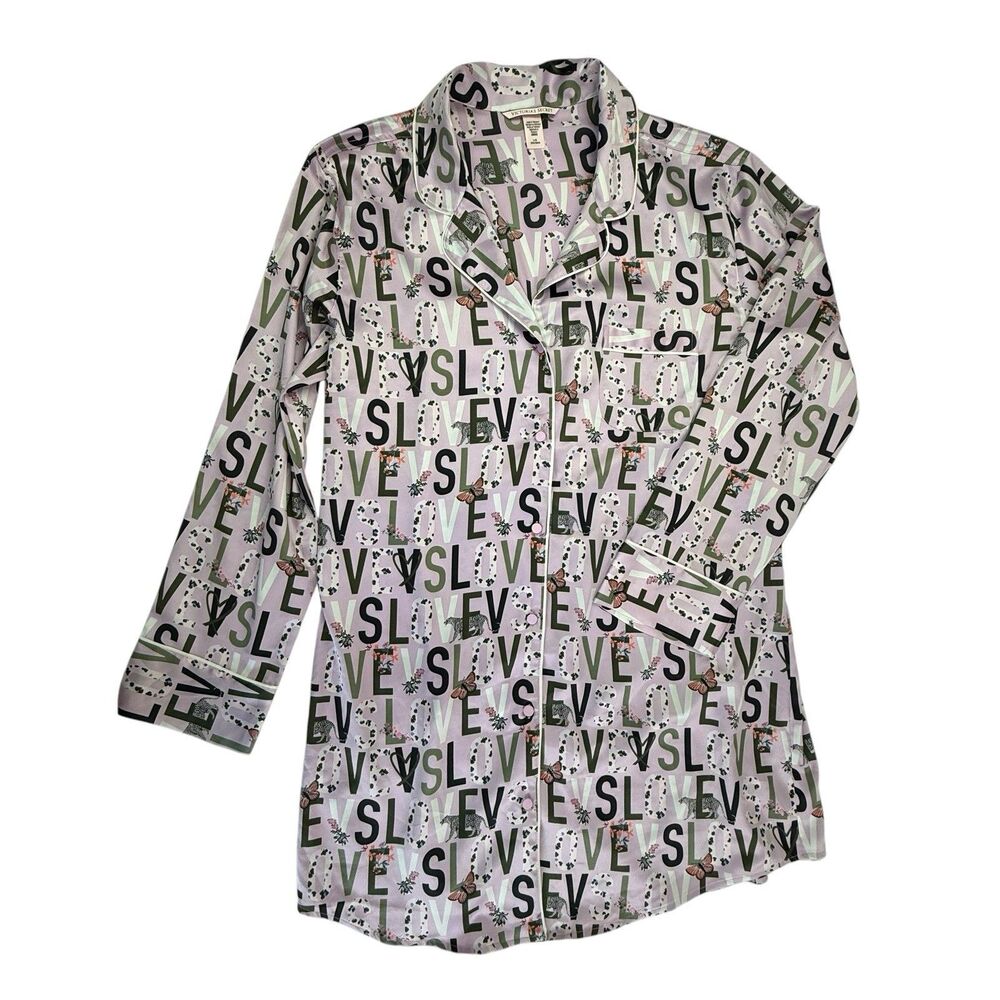 Victoria's Secret Sleep Shirt Pajamas Large Lavender Butterflies Leopard VS Love